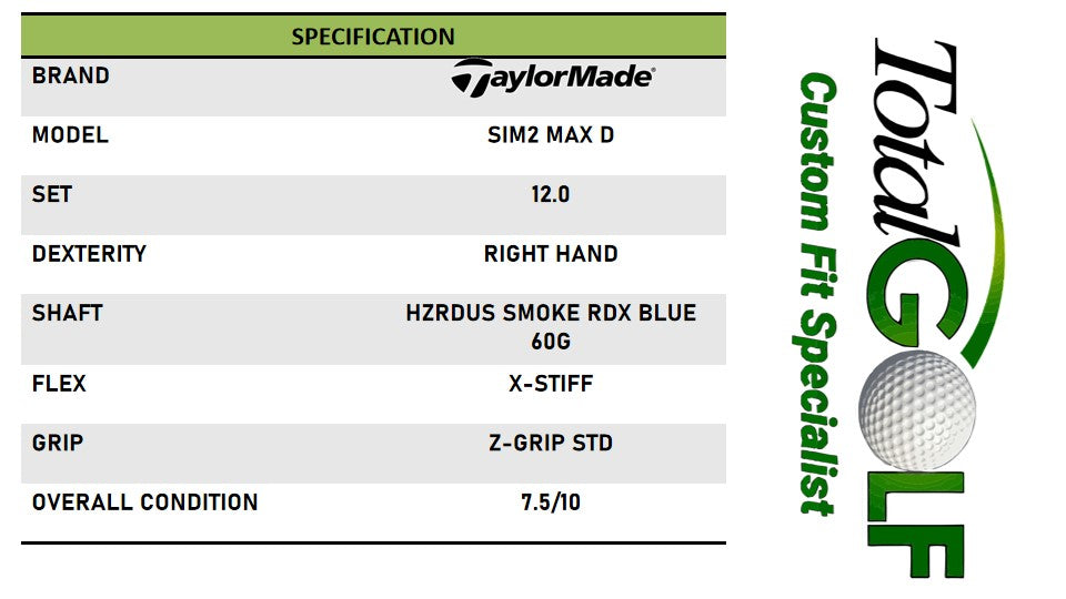 Taylormade Sim 2 Max D 12 Hzrdus Smk RDX Blu 60g X-Stiff Right Hand - USED
