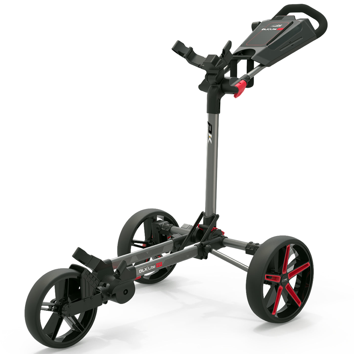 PowaKaddy DLX Lite FF 3-Wheel Push Golf Trolley Gunmetal Metal/Red