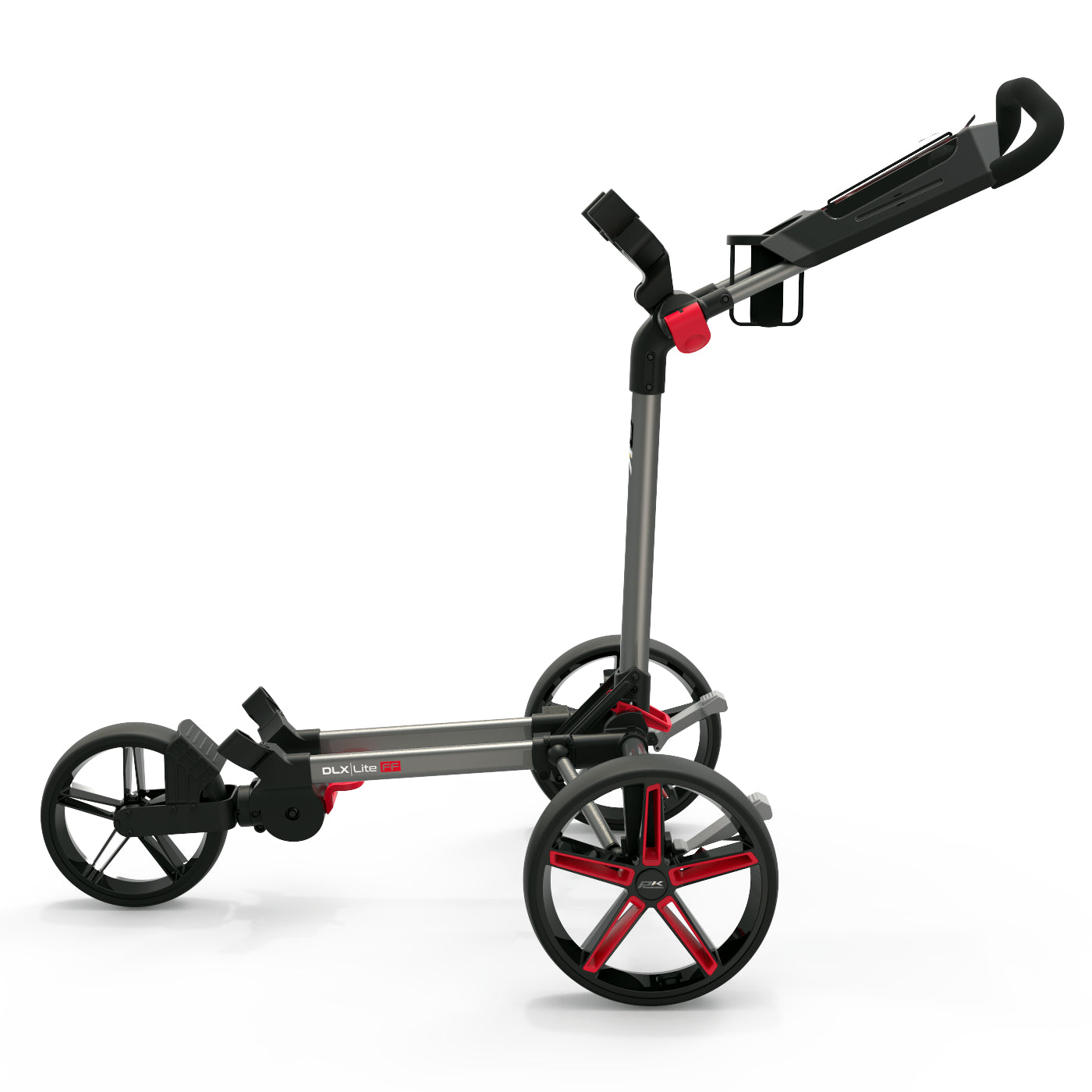 PowaKaddy DLX Lite FF 3-Wheel Push Golf Trolley Gunmetal Metal/Red