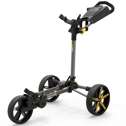 PowaKaddy DLX Lite FF 3-Wheel Push Golf Trolley Gunmetal Metal/Yellow
