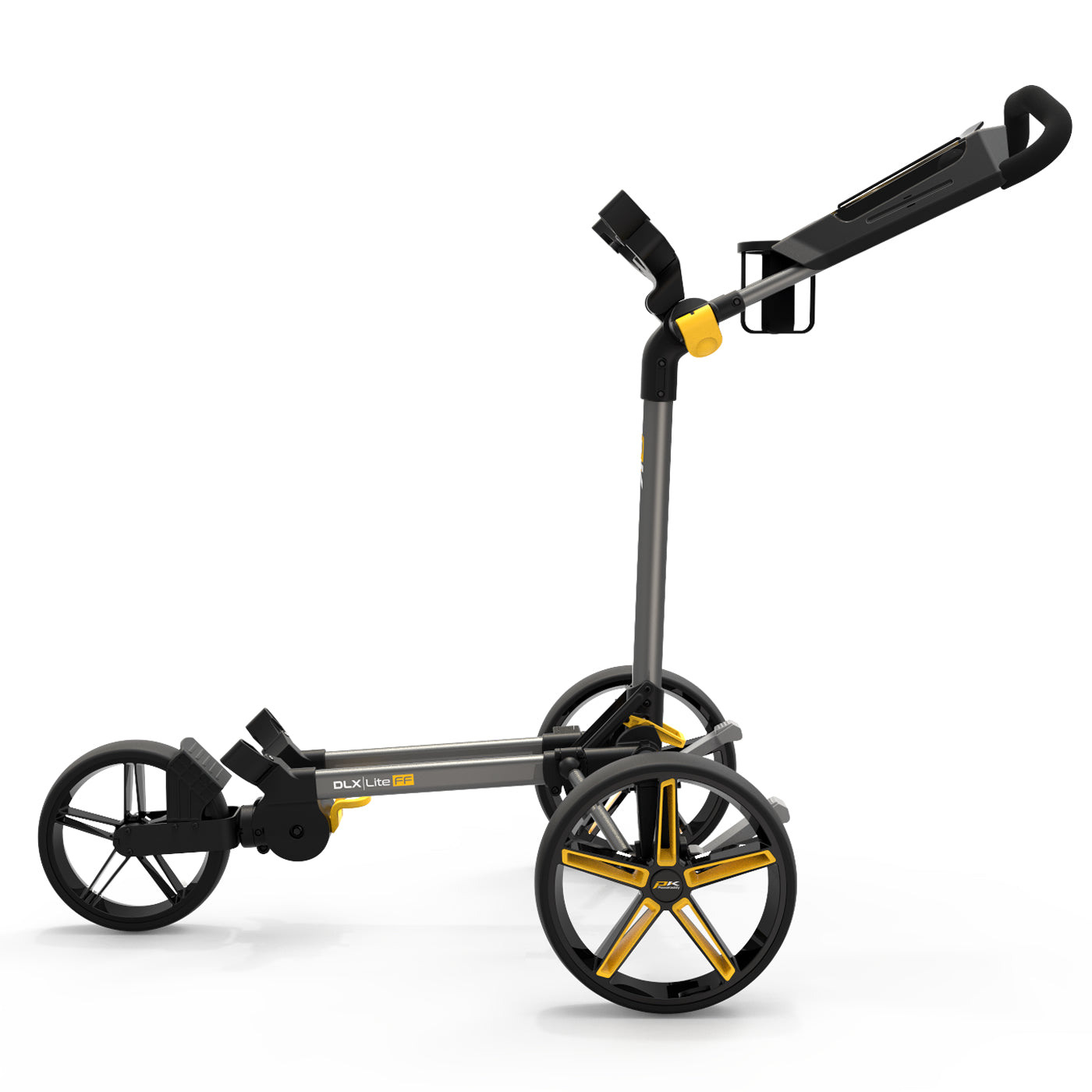 PowaKaddy DLX Lite FF 3-Wheel Push Golf Trolley Gunmetal Metal/Yellow