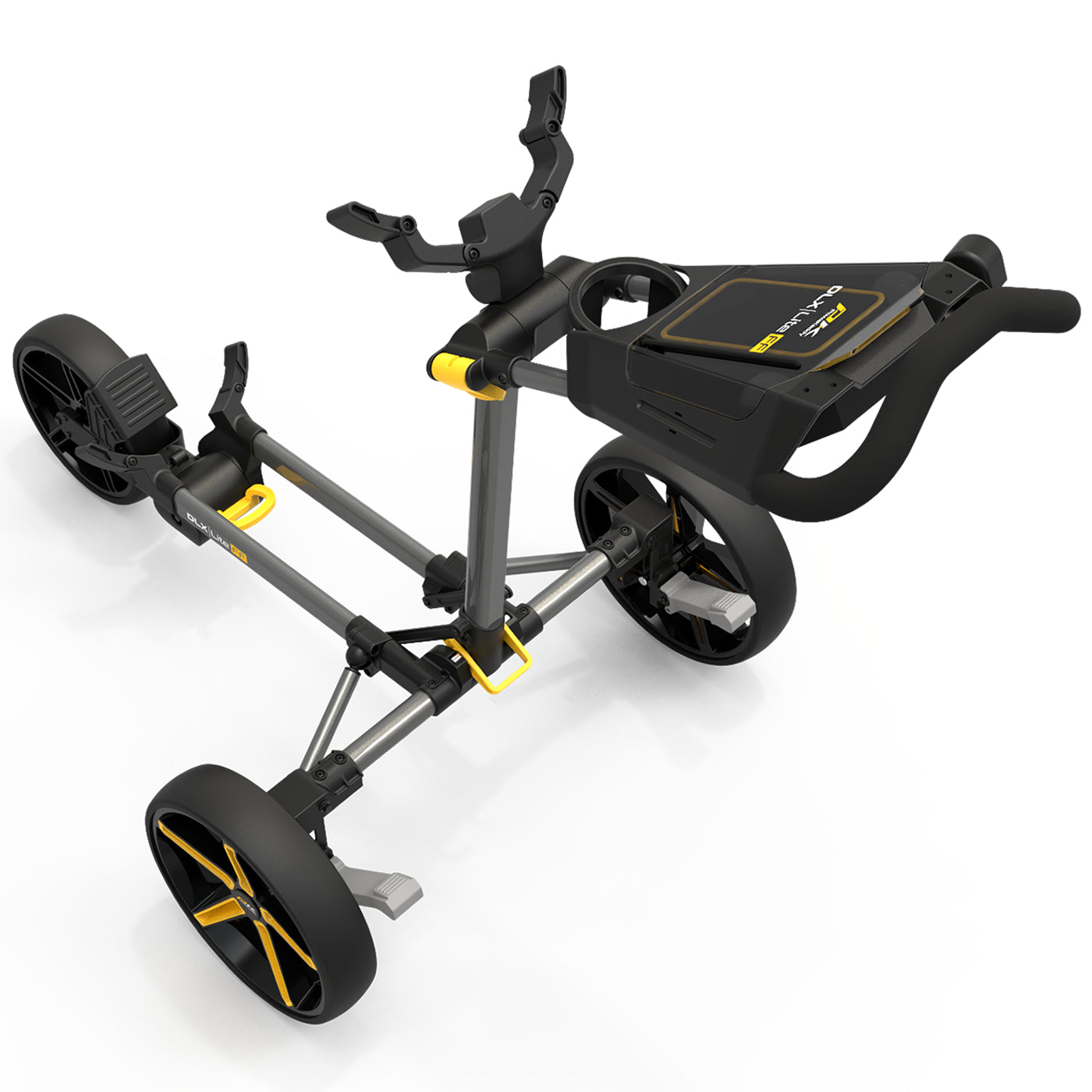PowaKaddy DLX Lite FF 3-Wheel Push Golf Trolley Gunmetal Metal/Yellow